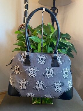 Dooney & Bourke Donegal Crest Dome Satchel,Leather, Canvas, Vintage, Grey/ Black